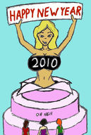 giantess long_hair cleavage huge_breasts cake unknown_artist sign no_background skimpy_clothing