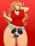 drawing panties wings large_breasts long_hair bat skirt red_hair unknown_artist surprised shrunken_woman no_background sweat_drop