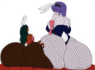 drawing giantess black_hair long_hair butt bunny_ears purple_hair huge_breasts short_hair unknown_artist sitting fishnets giantesses dark_skin between_butts no_background skimpy_clothing grey_skin