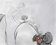 breasts drawing giantess nude monochrome blue_eyes buildings looking_down gift point_of_view berggie megaphone