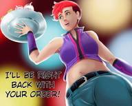 drawing clothed low_angle pink_hair short_hair shrunken_woman waitress dialogue no_background armpits