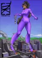 drawing giantess city black_hair long_hair destruction train fire looking_down vehicles dark_skin outdoors skintight_clothing dkdevil