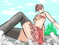drawing large_breasts skirt stockings pink_hair short_hair unknown_artist sitting looking_down skimpy_clothing convenient_censorship