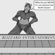 drawing giantess monochrome buildings low_angle bending_over world_of_warcraft dialogue hands_on_hips draenei no_background bare_midriff