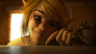 gentle blonde green_eyes smiling elf shrunken_man freckles grapes looking_at_tiny digital_render opal ashkiiwolf