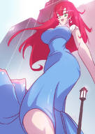 drawing city large_breasts long_hair low_angle smiling red_hair dress outdoors earrings angelgts street_lamp