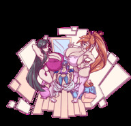 drawing panties black_hair color long_hair cleavage bra huge_breasts stockings mini_giantess giantesses orange_hair n647