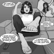 drawing monochrome long_hair clothed shrunken_woman between_toes flip_flops sofa dialogue guireyart10 medium_hair