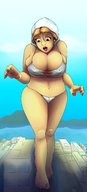 bikini drawing city blonde huge_breasts unknown_artist walking looking_down outdoors hood tight_clothing