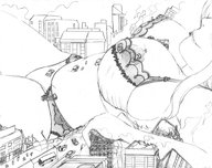 drawing giantess city monochrome large_breasts destruction cleavage breast_crush underwear lips lying_down navel thighs outdoors hank88 between_breasts
