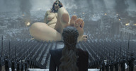 giantess collage nude mega destruction toes barefoot soles military smiling pink_hair fire looking_down smoke outdoors crowds game_of_thrones daenerys_targaryen utamovita