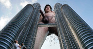 collage nude black_hair destruction giant male penis short_hair looking_down outdoors
