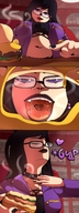 drawing vore black_hair color tongue mouth saliva purple_eyes shrunken_man eating food mspaintgts hamburger madison