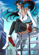 drawing large_breasts long_hair destruction clothed smiling ponytail unknown_artist sitting outdoors earrings thick_thighs