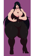 drawing giantess blushing black_hair long_hair shrunken_man looking_down thick_thighs no_background black_nails owlizard between_breasts heavy_eyeshadow