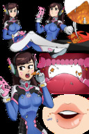 drawing vore lips unknown_artist sitting open_mouth panels d.va skintight_clothing doritos