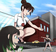 drawing giantess city high_heels buildings brunette smiling kneeling sandals looking_down vehicles outdoors pointing hair_bun