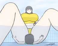 drawing black_hair long_hair huge_breasts smiling mini_giantess sitting bubbles drowning legs_spread yamumil