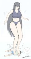 drawing giantess crush large_breasts long_hair barefoot underwear red_hair no_background yamumil