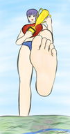 drawing giantess giga large_breasts barefoot purple_hair underwear short_hair raised_foot imminent_crush foot_raised yamumil trophy