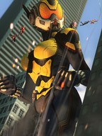 breasts giantess city mega armor explosion thighs outdoors fist costume cape jumpsuit shield helmet iron_man captain_america on_shoulder black_widow digital_render spider-man marvel_comics scarlet_witch the_wasp webs