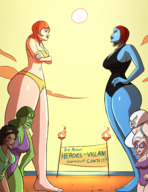 bikini breasts drawing giantess white_hair mega black_hair color large_breasts long_hair swimsuit beach barefoot cleavage water multiple_sizes yellow_eyes green_hair red_hair ponytail sun mini_giantess muscles blue_skin giantesses mask towering freckles earrings leotard hands_on_hips hairband x-men helmet green_skin emma_frost afro mary_jane black_cat she-hulk bare_legs mystique spider-man marvel_comics the_wasp beetle bare_midriff caiman2 earth_20052 claire_temple felicia_hardy juggernaut iron_fist misty_knight