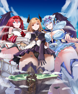 drawing panties horns wings mega upskirt blonde color destruction blue_eyes red_eyes blue_hair red_hair pink_eyes looming looking_down standing clouds thighs floating_islands exrumya