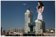 collage city black_hair long_hair buildings helicopter smiling unknown_artist outdoors microphone
