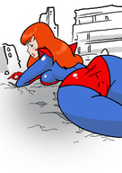 breasts drawing giantess city mega color long_hair butt destruction buildings camel_toe red_hair lying_down costume looking_back giant_girl inspector97 mary_jane spider-man marvel_comics huge_butt earth_20052 ci0