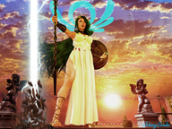 long_hair clothed green_hair dress sandals open_mouth outdoors staff statue sunset digital_render palutena kid_icarus johnnyscribe super_smash_bros.