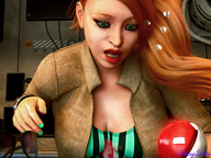 breasts giantess pokemon clothed shocked red_hair shrunken_man pokeball digital_render johnnyscribe sonia_(pokemon) pokemon_sword_and_shield