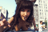 nude vore long_hair handheld cat_ears brunette looking_at_viewer looking_at_tiny digital_render madamemaeve