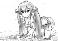 drawing giantess city mega monochrome large_breasts destruction skirt crawling twintails twin_ponytails risa_matoba