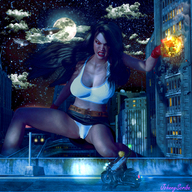 giantess panties upskirt black_hair large_breasts long_hair destruction cleavage tifa_lockhart final_fantasy gloves outdoors digital_render johnnyscribe