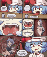 drawing giantess vore comic color tongue shrinking touhou izayoi_sakuya stomach remilia_scarlet open_mouth swallowed panels internal_view