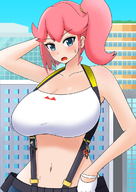 drawing giantess city cleavage climbing huge_breasts pink_hair gloves ponytail looking_down outdoors suspenders annoyed orenji