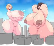 giantess nude blushing city blonde huge_breasts brunette short_hair unknown_artist lactation giantesses outdoors thick_thighs