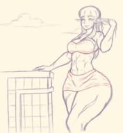 drawing giantess monochrome long_hair skirt buildings smiling unknown_artist muscles top scar thick_thighs no_background pointed_ears