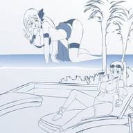 drawing monochrome large_breasts long_hair beach unknown_artist crawling sunglasses outdoors no_background