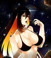 bikini drawing giantess giga space black_hair large_breasts long_hair planet unknown_artist open_mouth ahoge black_sclera black_hole_chan