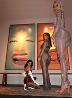 collage blonde black_hair long_hair clothed high_heels multiple_sizes mini_giantess indoors big_butt skimpy_clothing