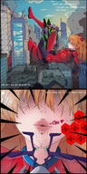 drawing giantess city color destruction blue_eyes kissing neon_genesis_evangelion bodysuit lipstick point_of_view orange_hair asuka_langley_soryu