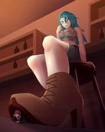 drawing blushing long_hair blue_hair smiling lying_down unknown_artist sitting shrunken_man boot pinned sweat_drop
