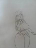 drawing long_hair handheld huge_breasts unknown_artist thong looking_down bracelet no_background