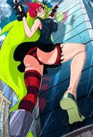 drawing upskirt color handheld skirt red_hair rain outdoors looking_back ripped_clothing climbing_building striped_panties black_hat bryan_lobdell striped_nylons biting_lip demencia villainous cartoon_network