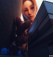 giantess long_hair buildings red_hair ponytail reaching fingers outdoors alley running_away digital_render innocent_owl