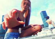 giantess city clothed red_hair reaching skyscraper giantesses looking_at_viewer digital_render innocent_owl