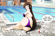 bikini drawing large_breasts butt sitting pool shrunken_man outdoors looking_back dialogue giantesshelen