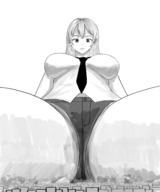 drawing giantess mega monochrome large_breasts long_hair low_angle unknown_artist sitting shorts tie looking_down legs_spread no_background