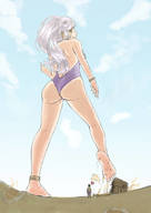 drawing giantess white_hair swimsuit destruction toes barefoot soles smiling ponytail unknown_artist heart looking_down outdoors dirty_soles ankle_bracelet big_butt bracelet